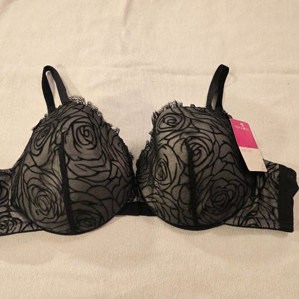 Fashion Bug NEW Black Lace Floral Demi Bra 44C Diamond Rhinestone NWT Pretty!